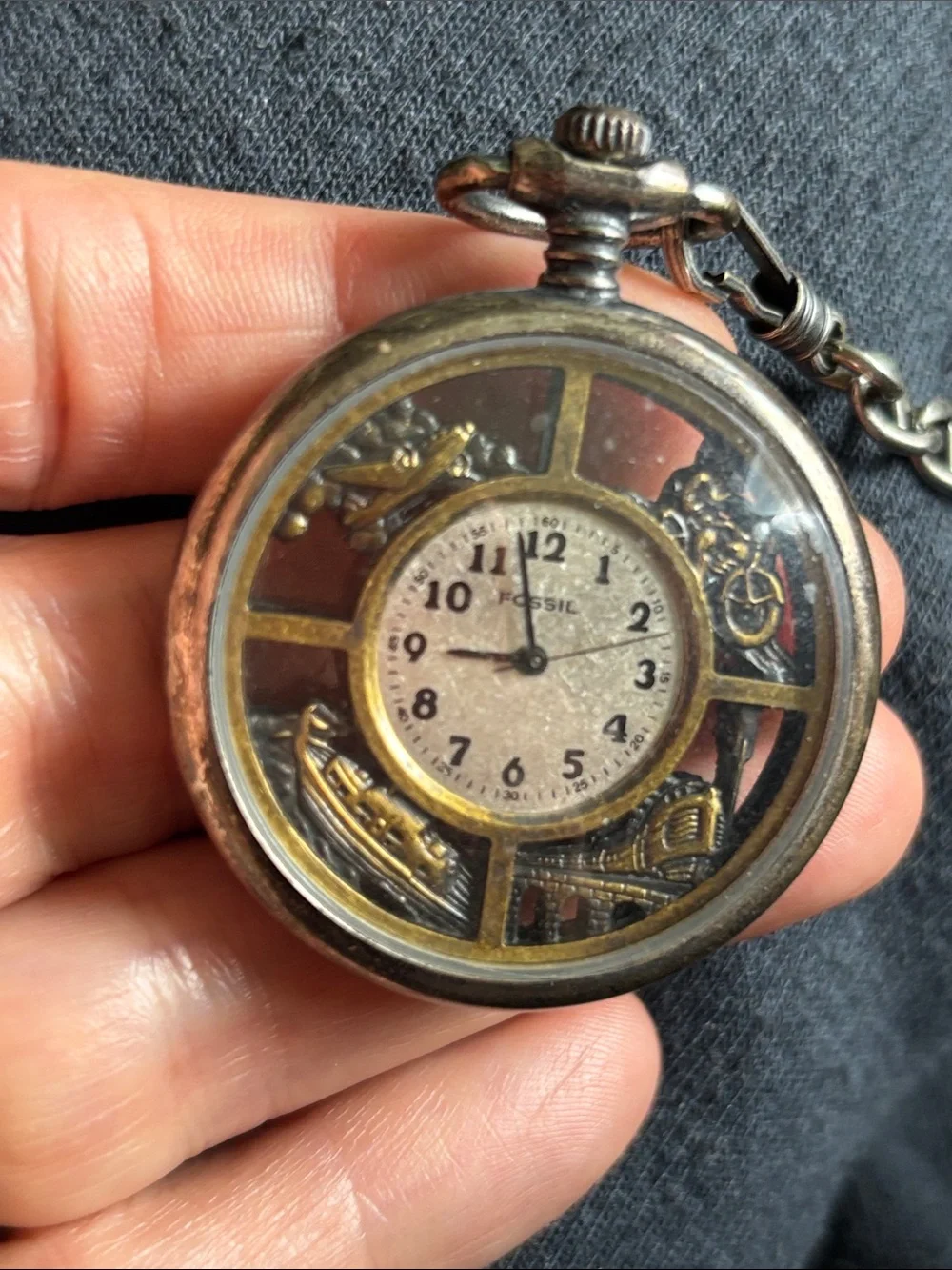 Fossil Gold-Tone Open-Face Pocket Watch with Chain